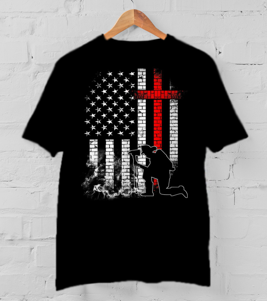 Fireman Kneeling With Axe Over American Flag And Thin Red Line Cross T-Shirt