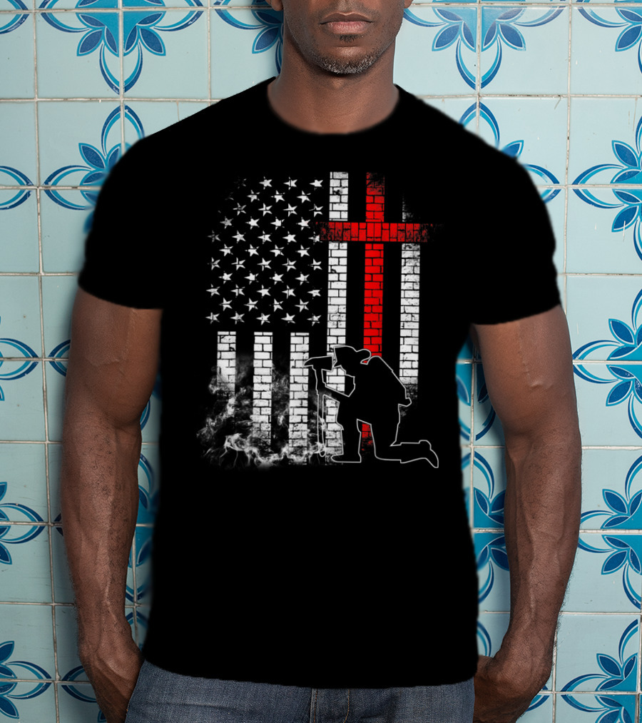 Fireman Kneeling With Axe Over American Flag And Thin Red Line Cross T-Shirt