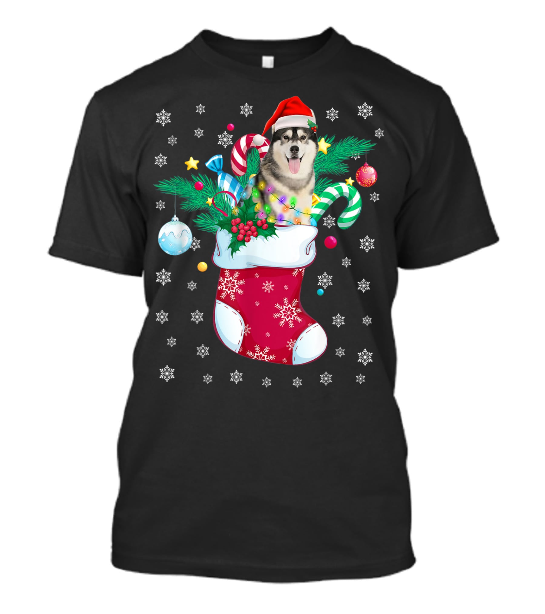 Christmas Siberian Husky With Santa Hat In Festive Sock T-Shirt