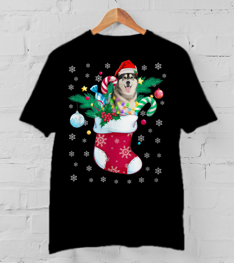 Christmas Siberian Husky With Santa Hat In Festive Sock T-Shirt