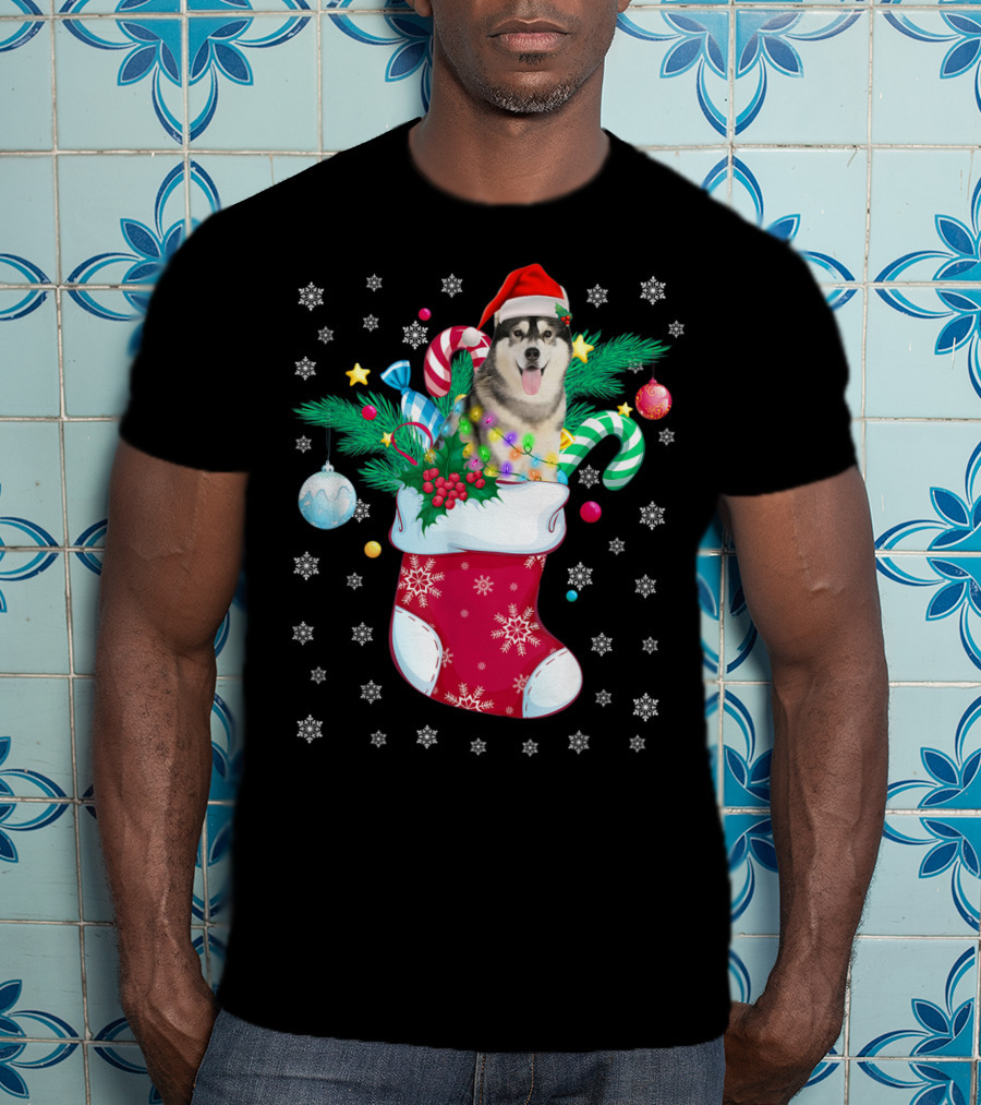 Christmas Siberian Husky With Santa Hat In Festive Sock T-Shirt