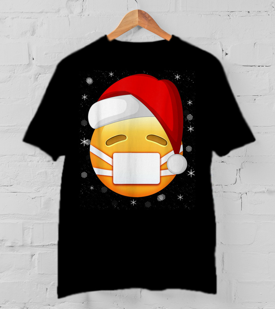Funny Face With Medical Mask Emojis Santa Hat Snowflakes T-Shirt