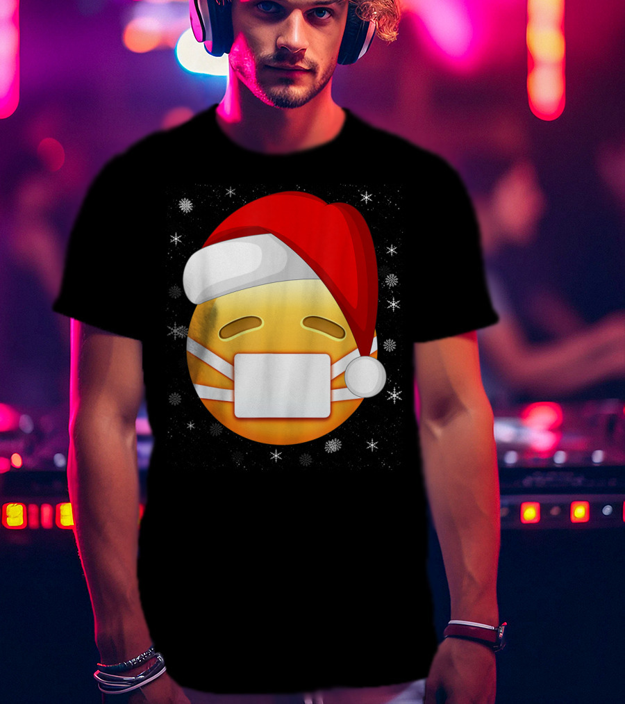 Funny Face With Medical Mask Emojis Santa Hat Snowflakes T-Shirt