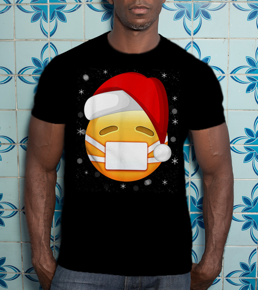 Funny Face With Medical Mask Emojis Santa Hat Snowflakes T-Shirt