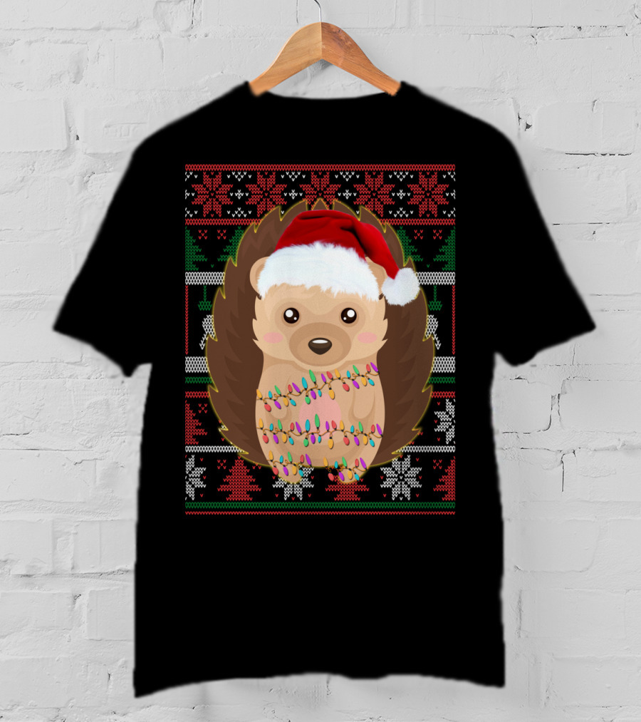 Funny Christmas Hedgehog Ugly Sweater Lights T-Shirt