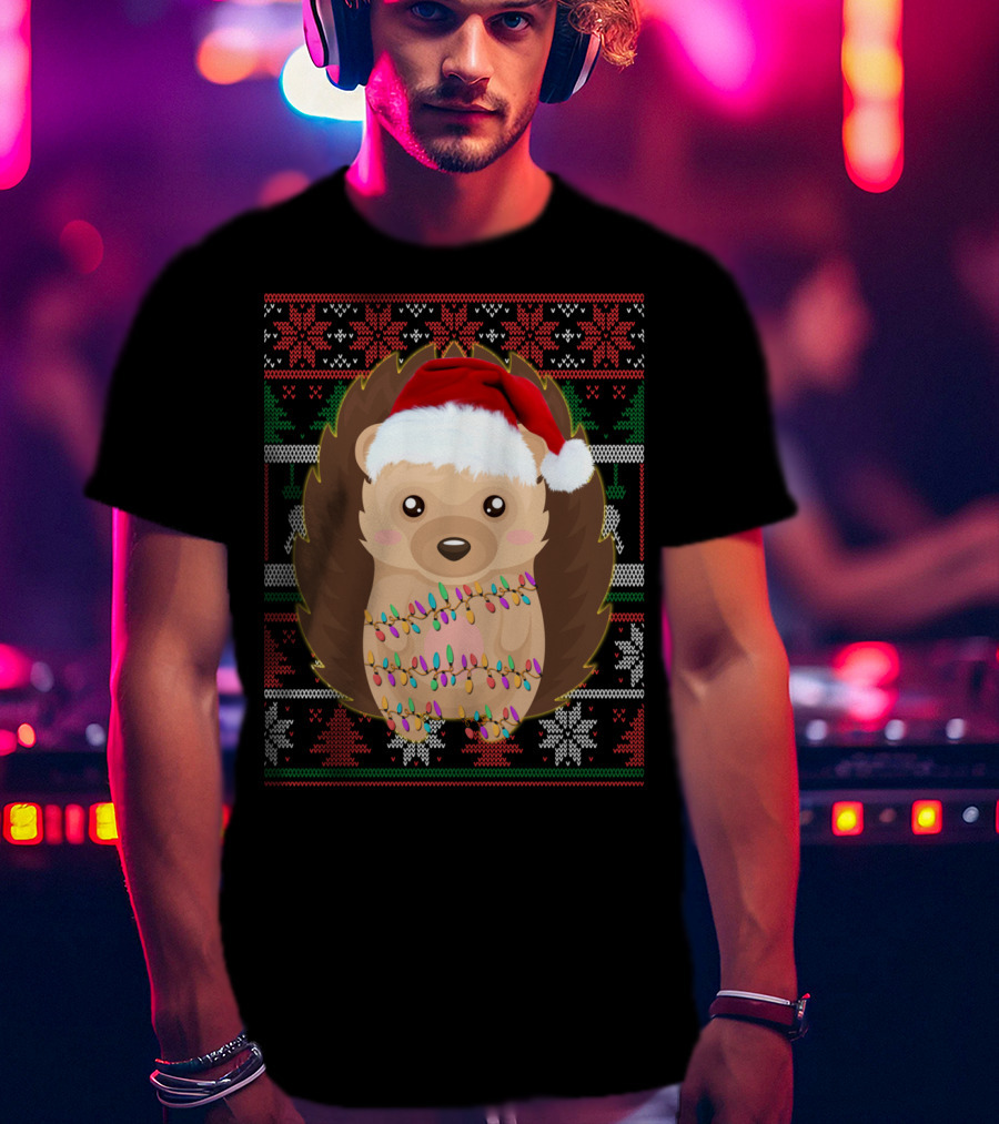Funny Christmas Hedgehog Ugly Sweater Lights T-Shirt