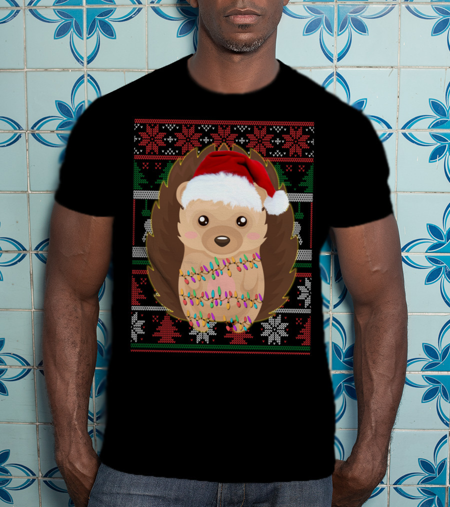 Funny Christmas Hedgehog Ugly Sweater Lights T-Shirt