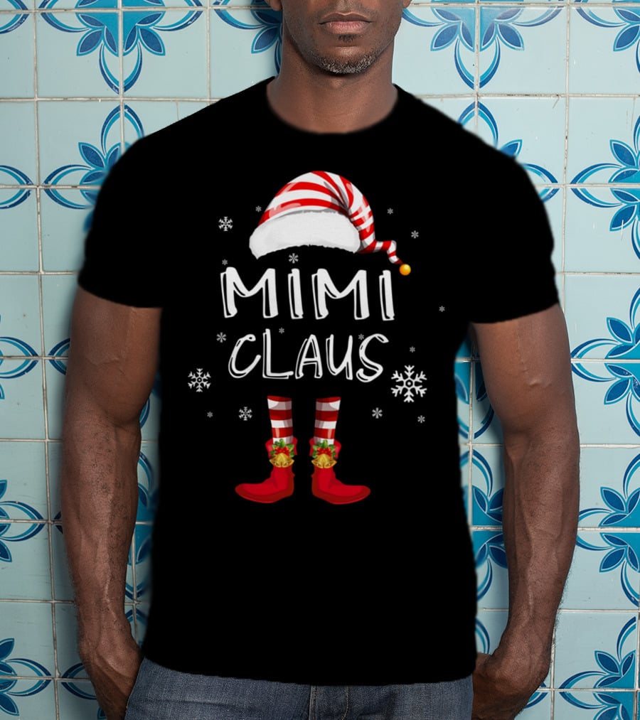Mimi Claus Santa Hat Elf Boots Snowflakes Grandma T-Shirt