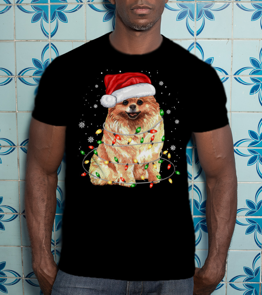 Pomeranian In Santa Hat With Christmas Lights And Snowflakes T-Shirt