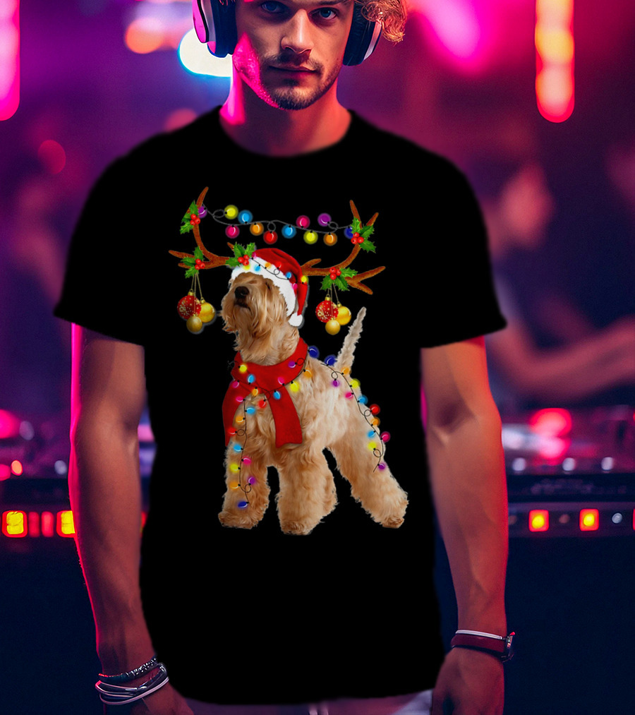 Wheaten Terrier Santa Reindeer With Festive Christmas Lights T-Shirt