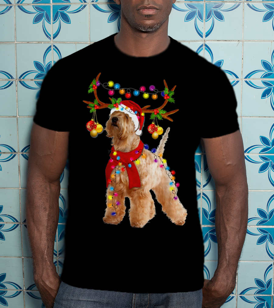Wheaten Terrier Santa Reindeer With Festive Christmas Lights T-Shirt