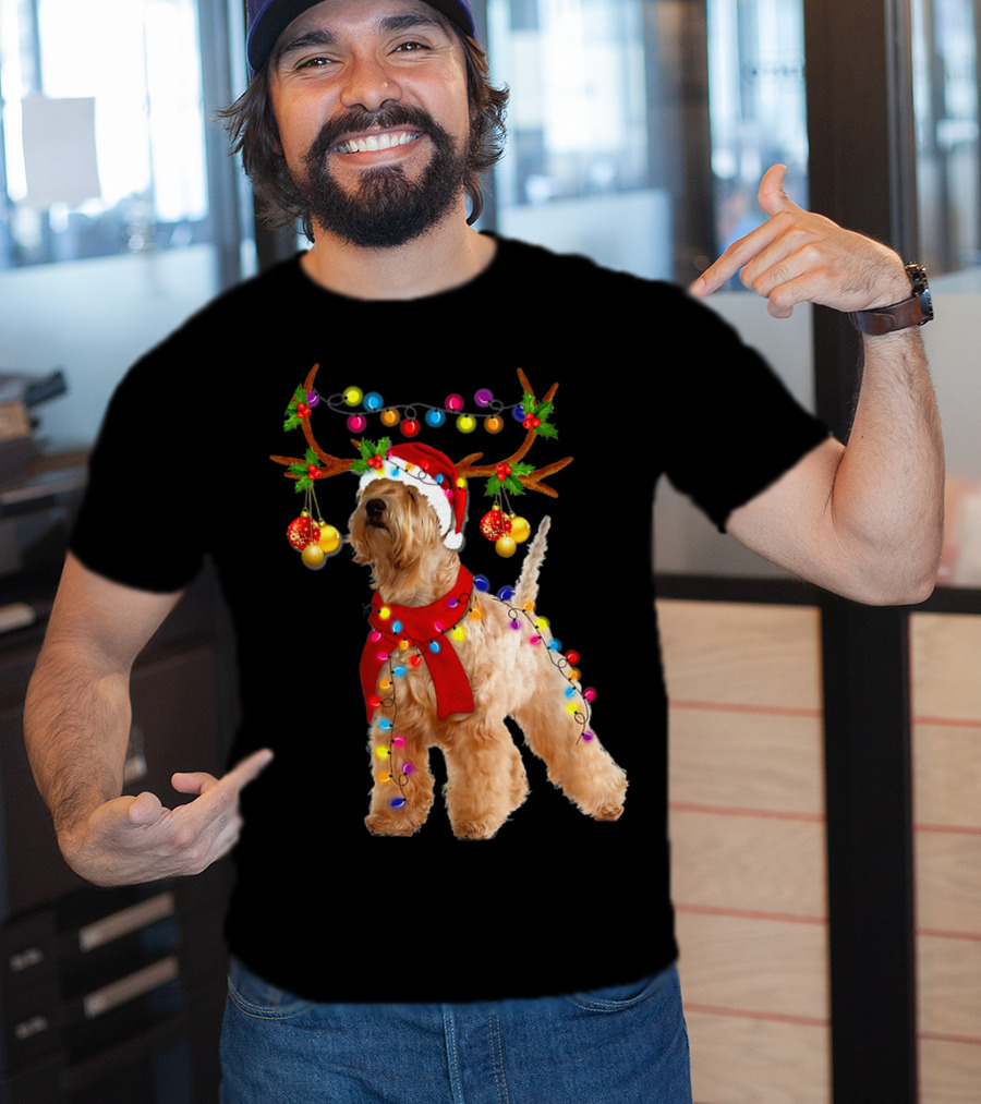 Wheaten Terrier Santa Reindeer With Festive Christmas Lights T-Shirt