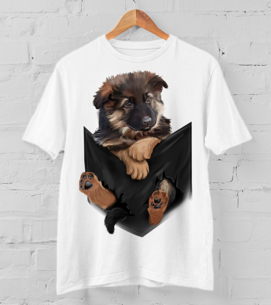 German Shepherd Puppy In Black Pocket T-Shirt
