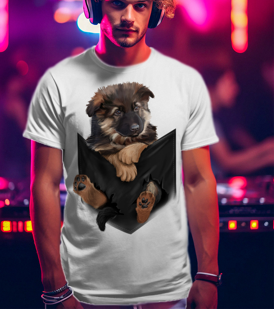 German Shepherd Puppy In Black Pocket T-Shirt