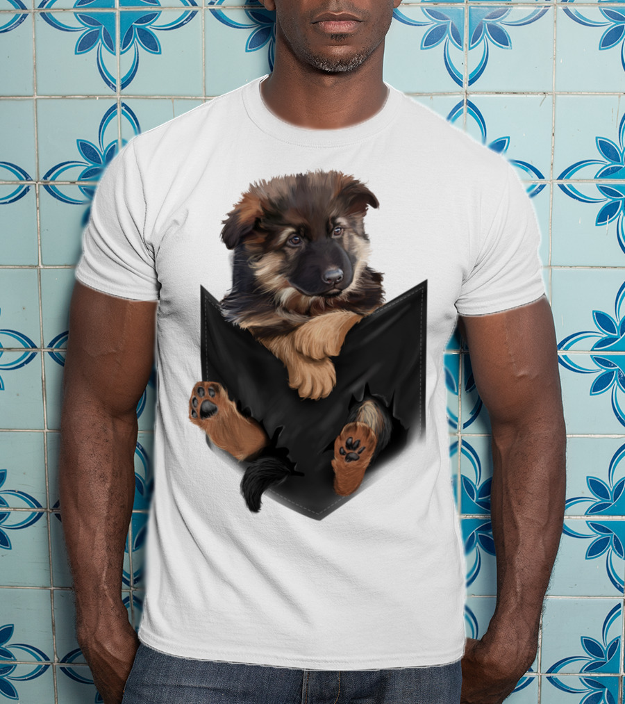 German Shepherd Puppy In Black Pocket T-Shirt