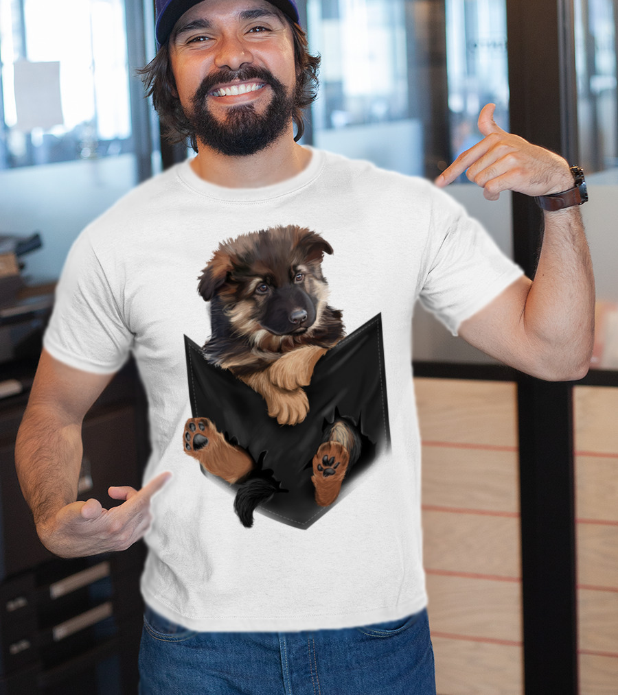 German Shepherd Puppy In Black Pocket T-Shirt