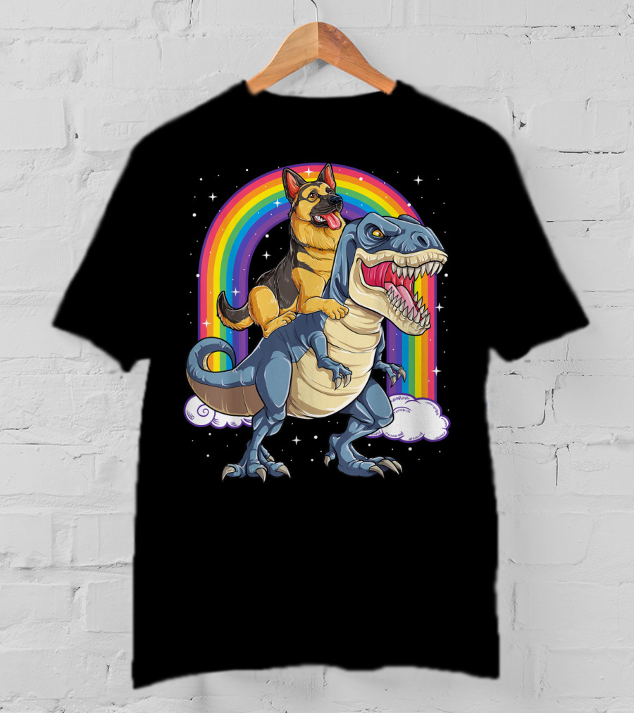 German Shepherd Riding Dinosaur Rex With Rainbow And Stars T-Shirt