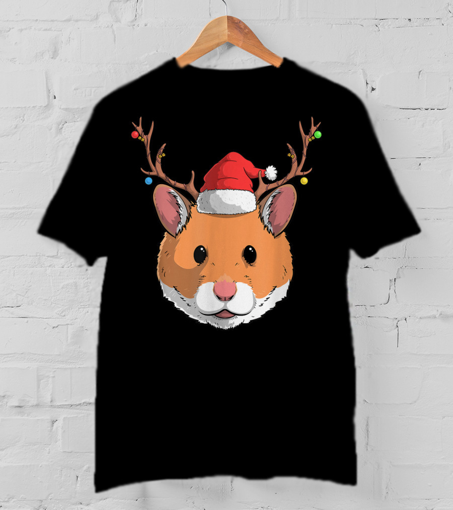Hamster With Santa Claus Hat And Reindeer Antlers Christmas Holiday T-Shirt