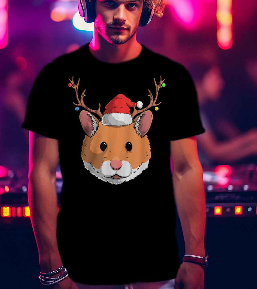 Hamster With Santa Claus Hat And Reindeer Antlers Christmas Holiday T-Shirt