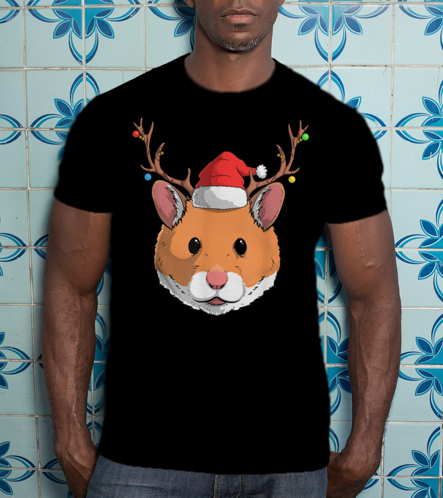 Hamster With Santa Claus Hat And Reindeer Antlers Christmas Holiday T-Shirt