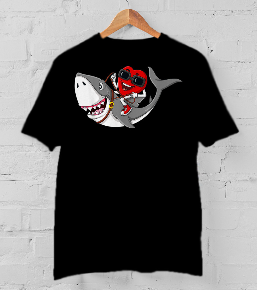 Heart Riding Shark Valentine's Day Adventure T-Shirt