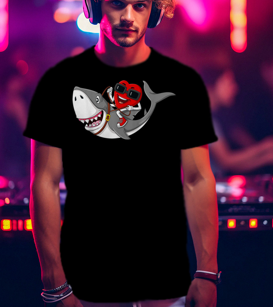 Heart Riding Shark Valentine's Day Adventure T-Shirt