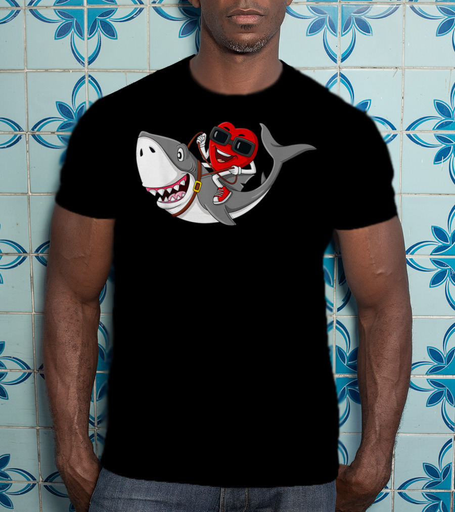 Heart Riding Shark Valentine's Day Adventure T-Shirt