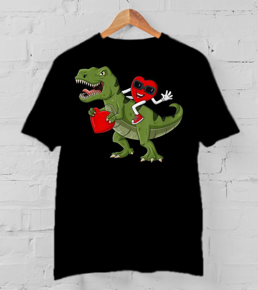 Heart Riding T-Rex Holding Valentines Day Hearts T-Shirt
