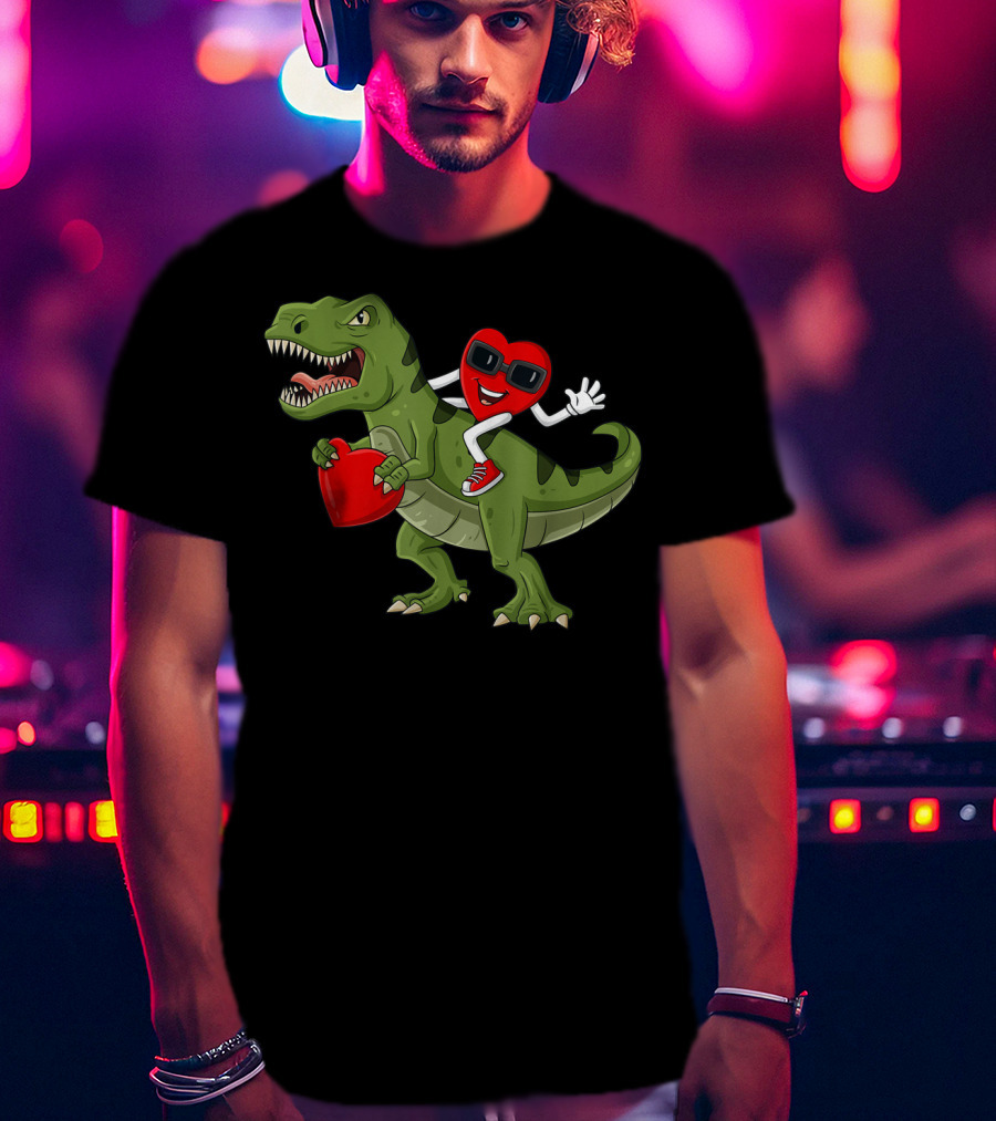 Heart Riding T-Rex Holding Valentines Day Hearts T-Shirt