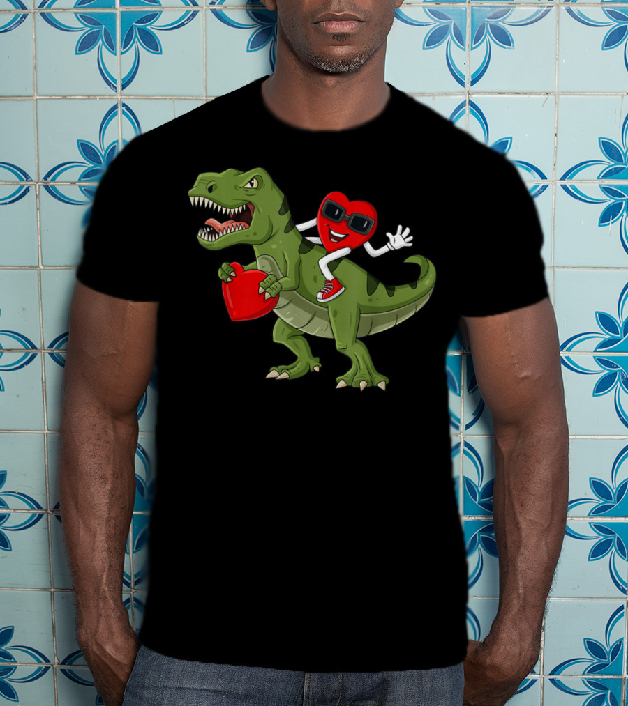 Heart Riding T-Rex Holding Valentines Day Hearts T-Shirt