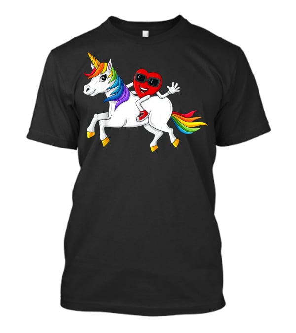 Heart Riding Rainbow Unicorn With Sunglasses And Sneakers T-Shirt