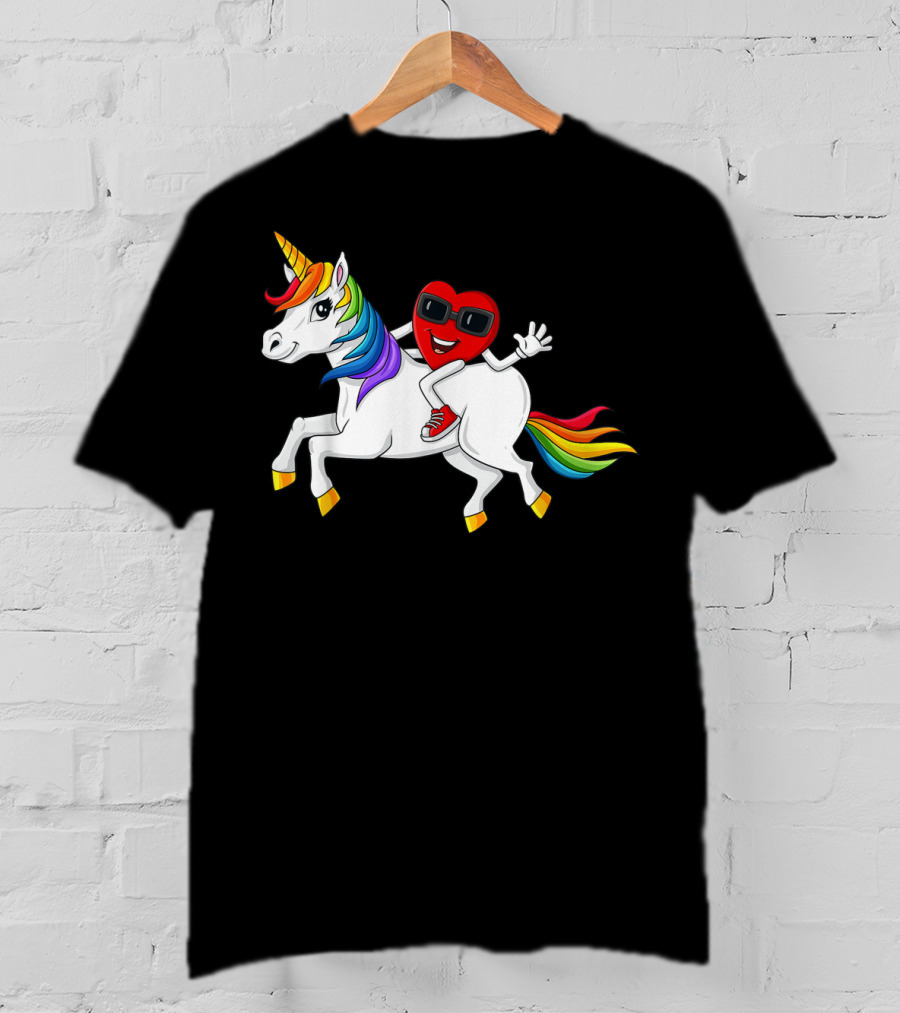 Heart Riding Rainbow Unicorn With Sunglasses And Sneakers T-Shirt