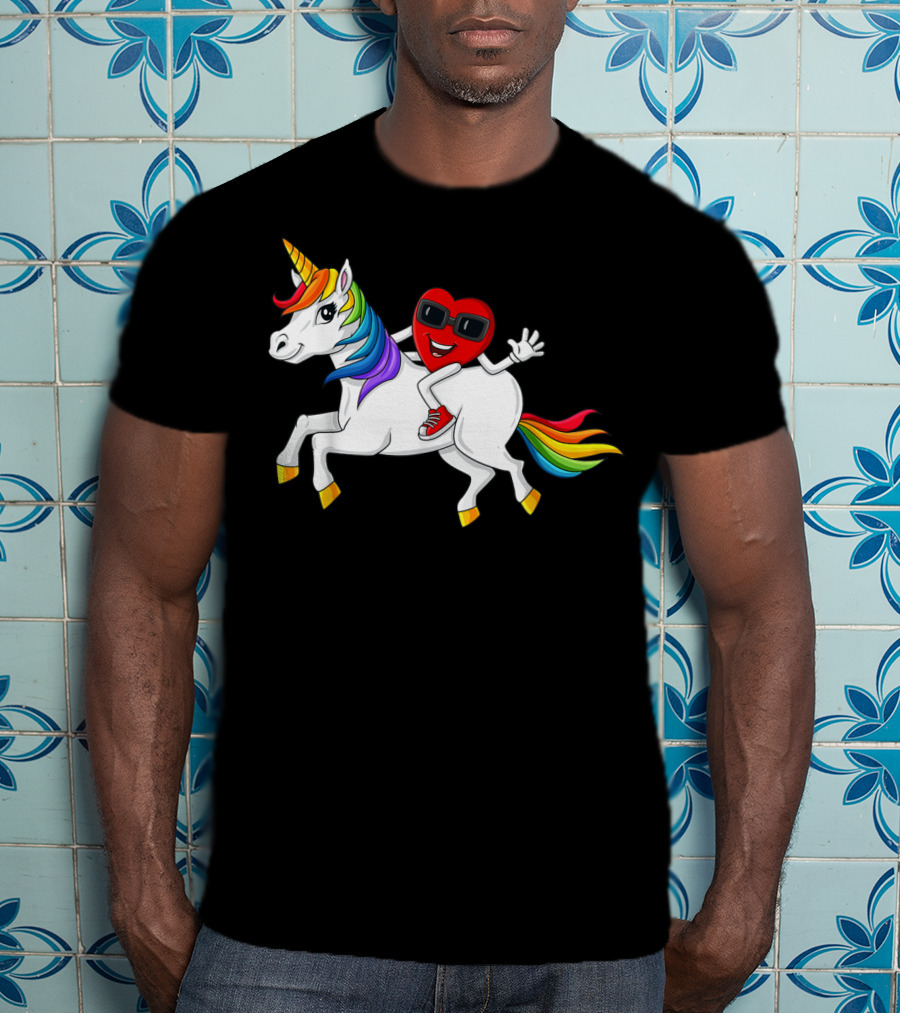 Heart Riding Rainbow Unicorn With Sunglasses And Sneakers T-Shirt