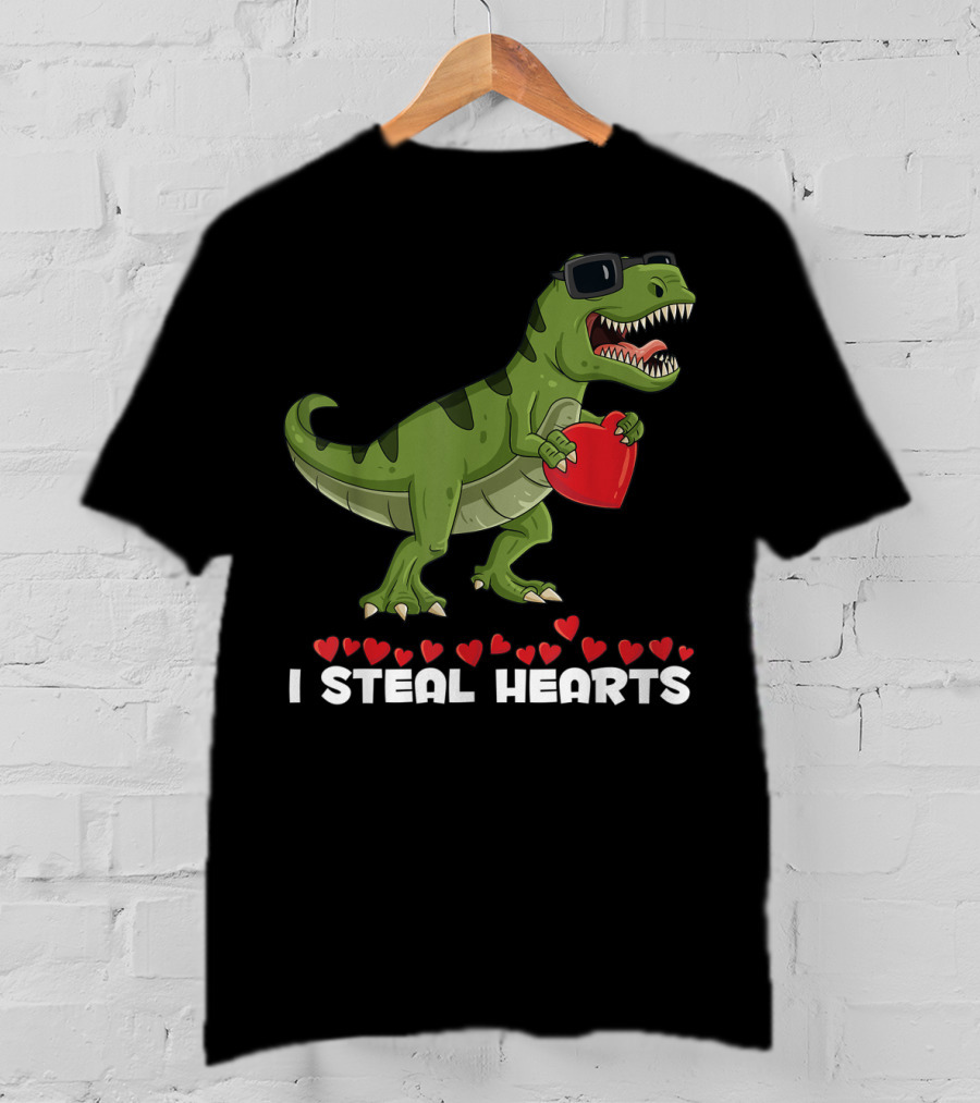 I Steal Hearts Dinosaur With Sunglasses Holding Red Heart Valentines Day T-Shirt