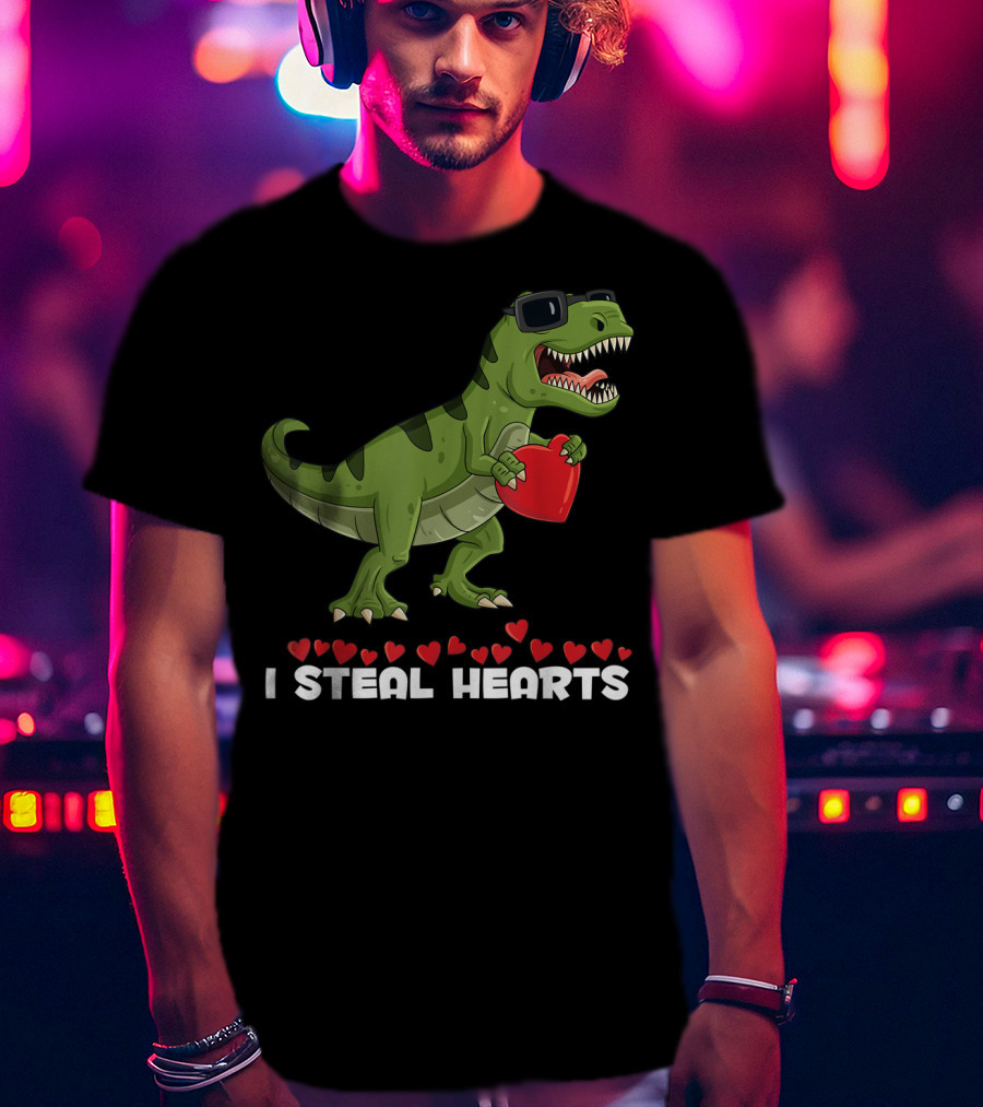 I Steal Hearts Dinosaur With Sunglasses Holding Red Heart Valentines Day T-Shirt