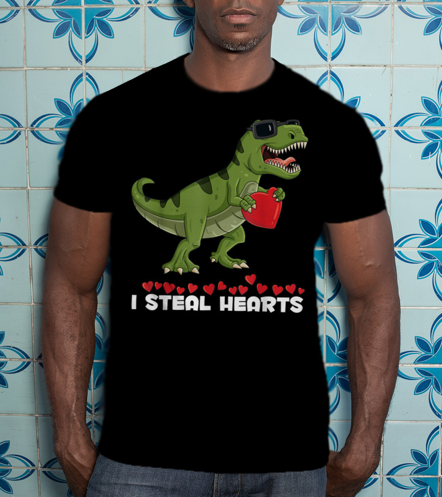 I Steal Hearts Dinosaur With Sunglasses Holding Red Heart Valentines Day T-Shirt