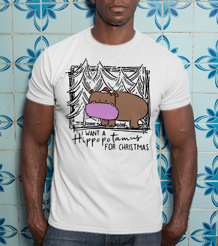 I Want A Hippopotamus For Christmas Hippo Santa Hat Festive T-Shirt