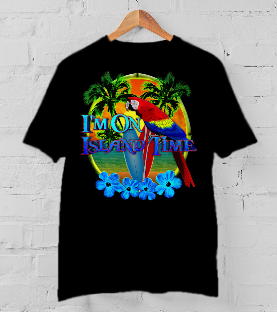 I'm On Island Time Parrot With Surfboards And Palm Trees Tropical Beach T-Shirt