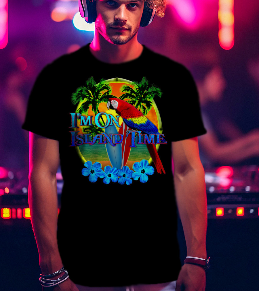 I'm On Island Time Parrot With Surfboards And Palm Trees Tropical Beach T-Shirt