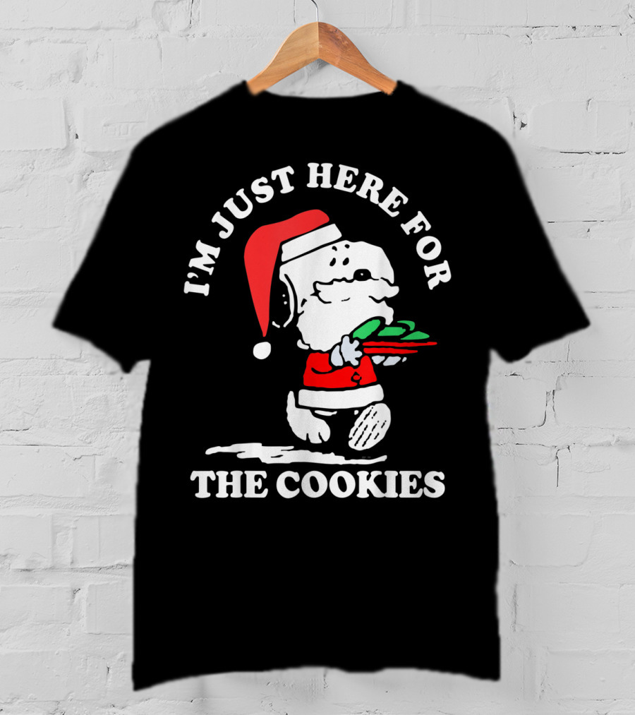 I'm Just Here For The Cookies Santa Hat Dog Carrying Christmas Cookies T-Shirt