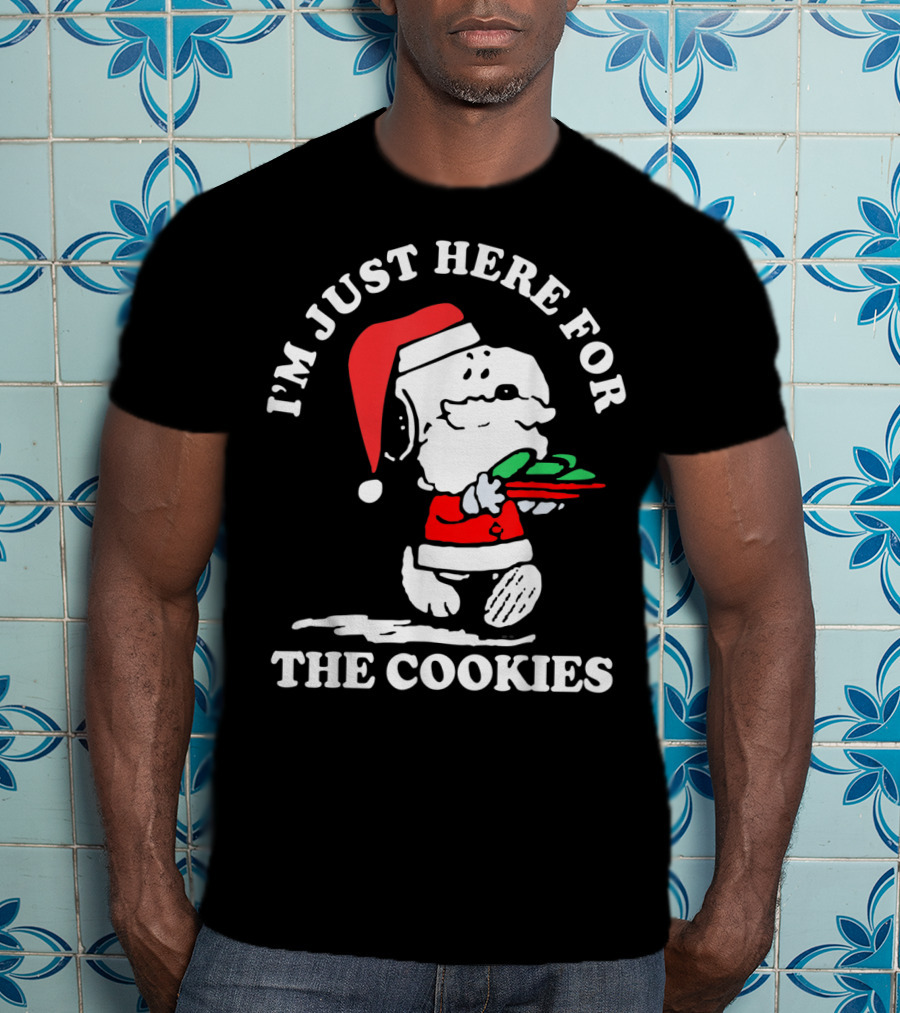 I'm Just Here For The Cookies Santa Hat Dog Carrying Christmas Cookies T-Shirt