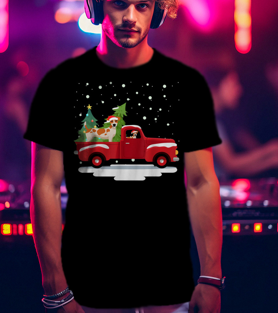 Jack Russell Terrier Santa Christmas Truck Holiday Scene Snowflakes And Trees T-Shirt