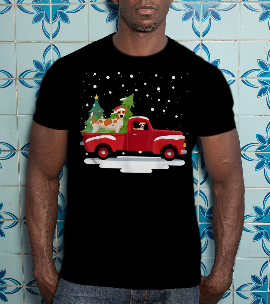 Jack Russell Terrier Santa Christmas Truck Holiday Scene Snowflakes And Trees T-Shirt