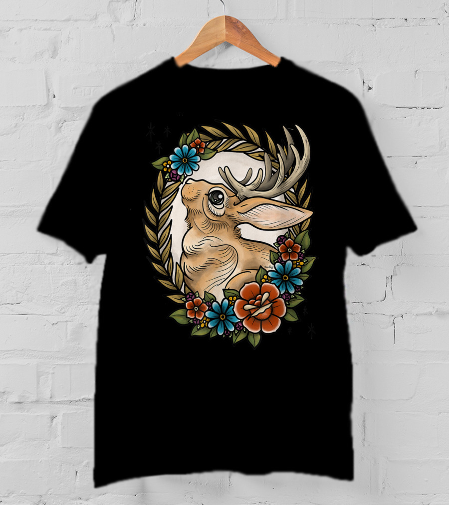 Jackalope Surrounded By Colorful Flowers And Leaves T-Shirt