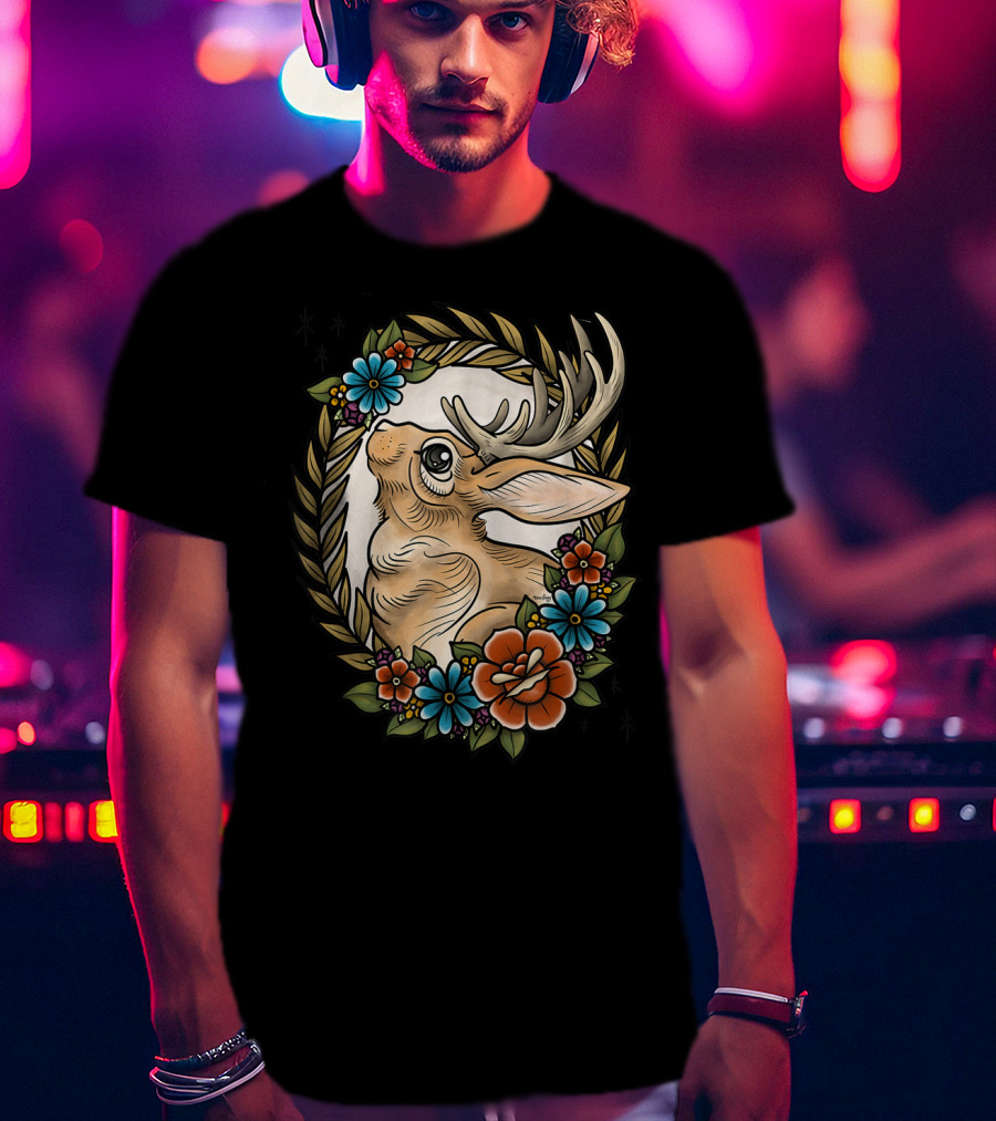 Jackalope Surrounded By Colorful Flowers And Leaves T-Shirt