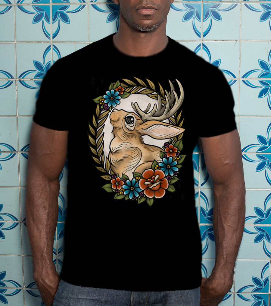 Jackalope Surrounded By Colorful Flowers And Leaves T-Shirt