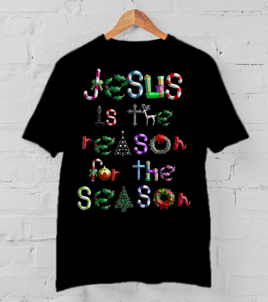 Jesus Is The Reason For The Season Christmas Symbols Candy Canes Holly Cross Reindeer Tree Bow T-Shirt