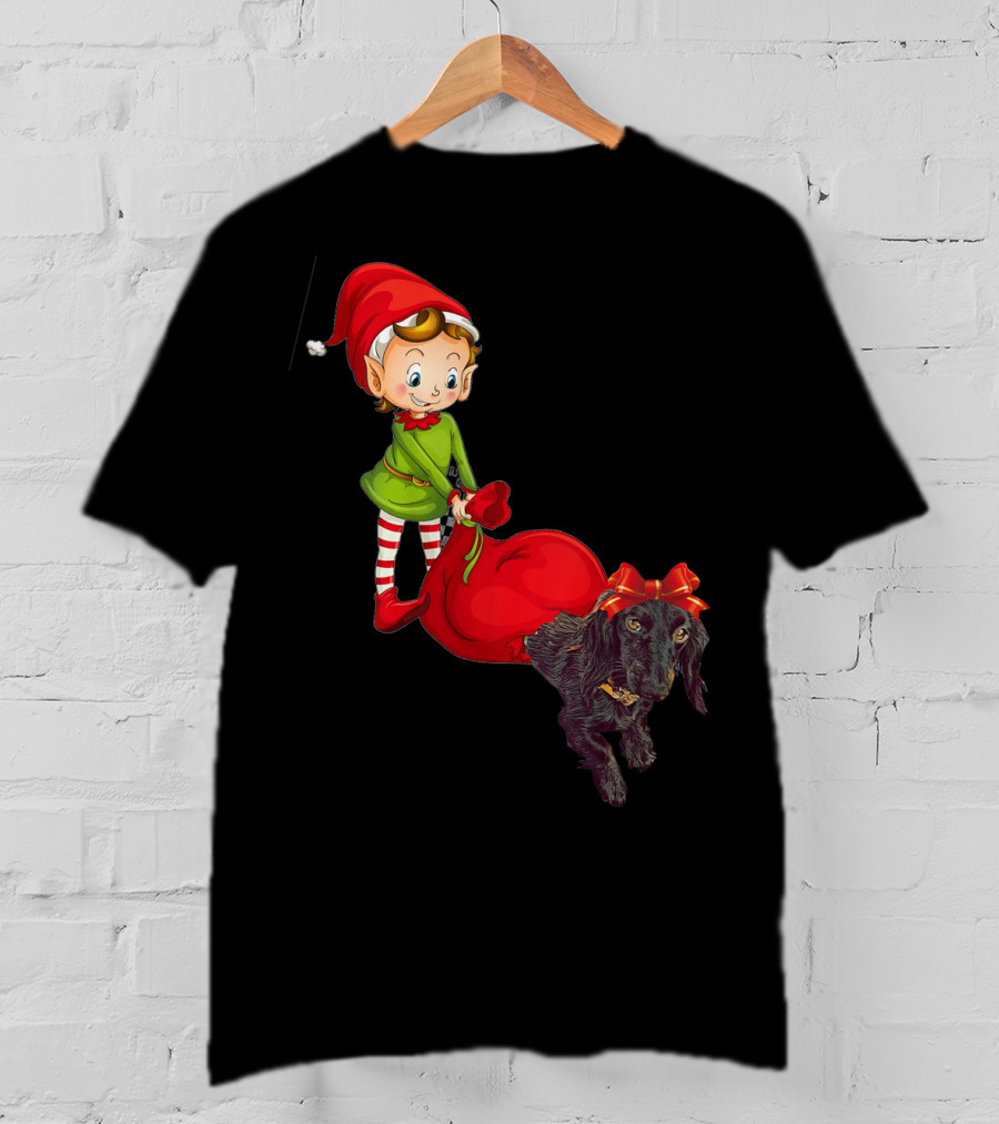 Kids Elf With Red Gift Sack And Black Dog In Santa Hat T-Shirt