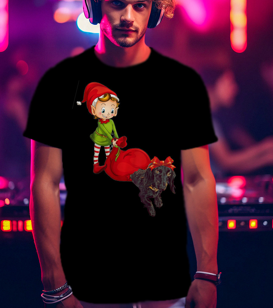 Kids Elf With Red Gift Sack And Black Dog In Santa Hat T-Shirt