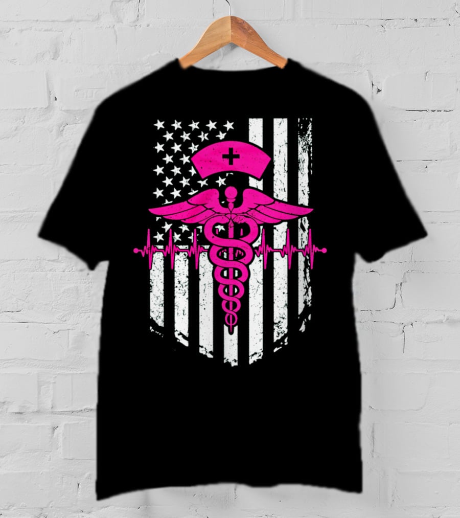 Nurse Pink Caduceus With USA Flag And Heartbeat T-Shirt